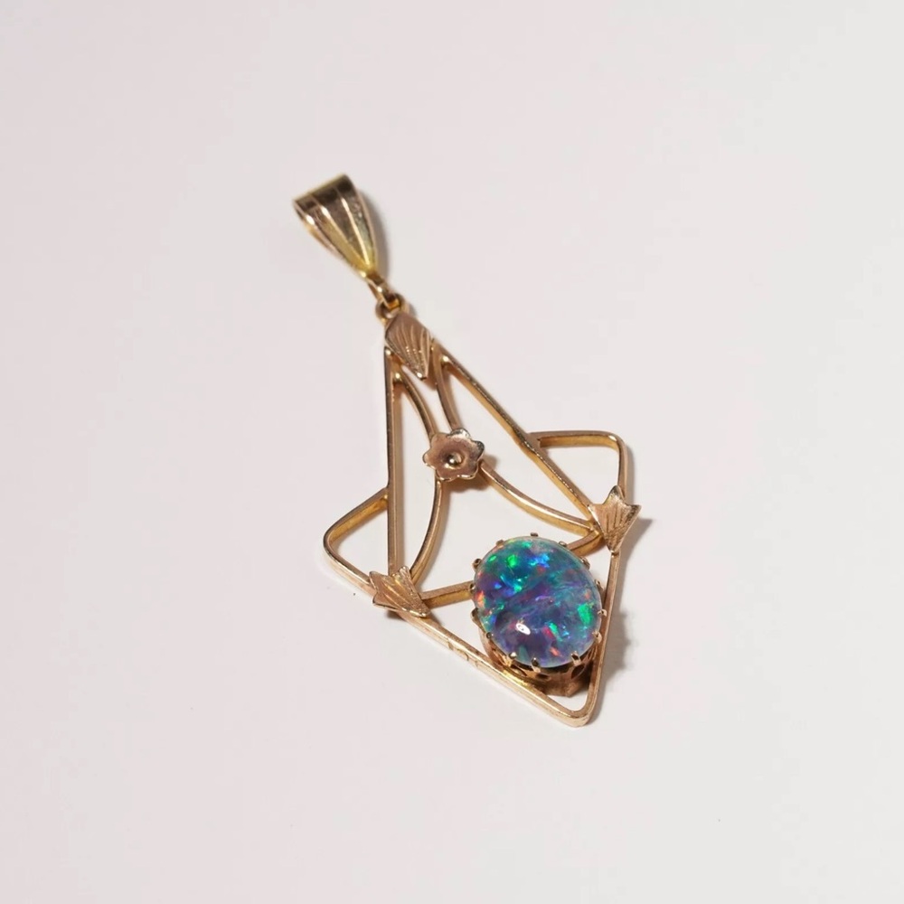 Antique Art Nouveau Australian Opal Triplet Lavaliere Pendant 9K Gold Art Deco - Picture 11 of 15